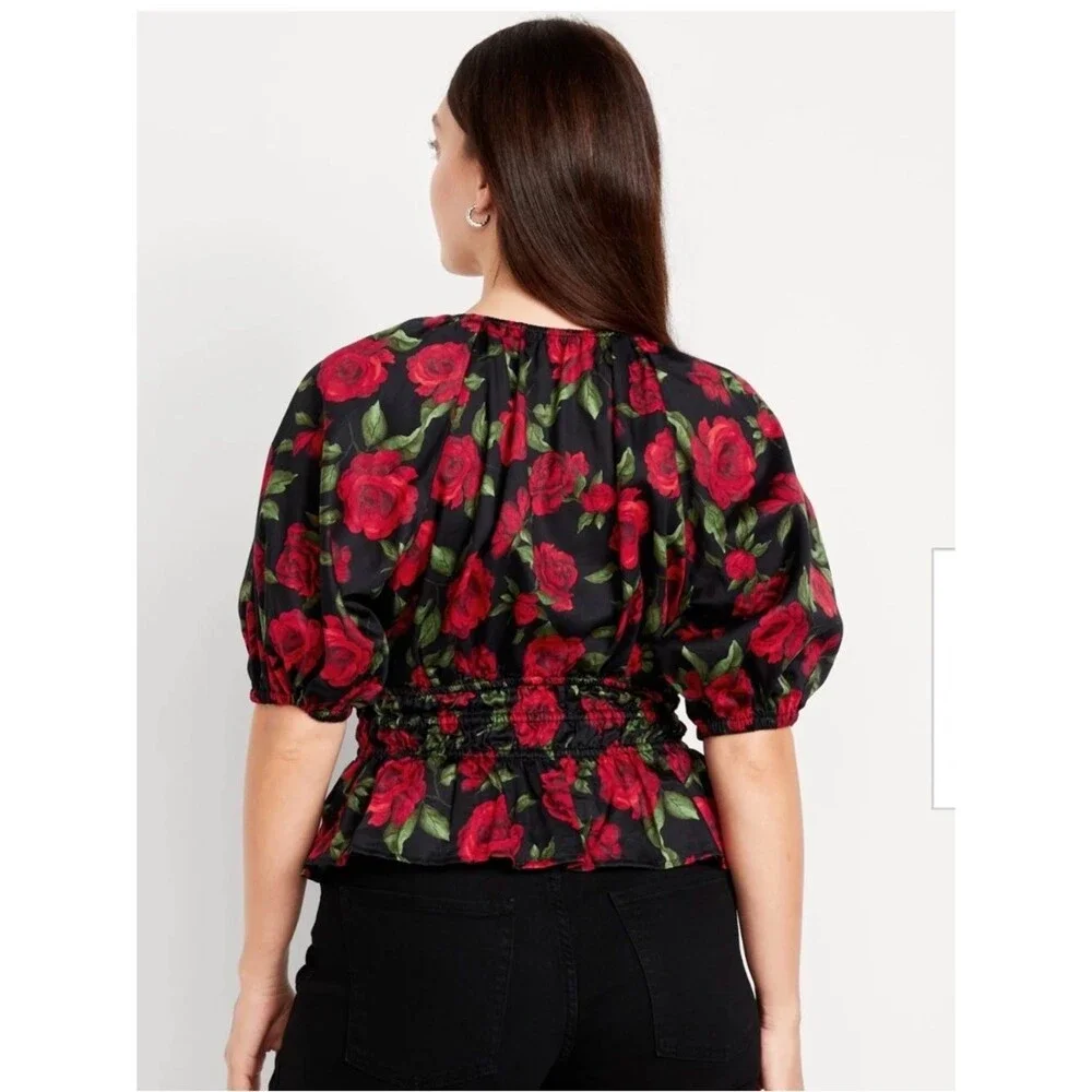 Old Navy Floral Smocked Babydoll Top XL Red Rose Print Puff Sleeve Boho